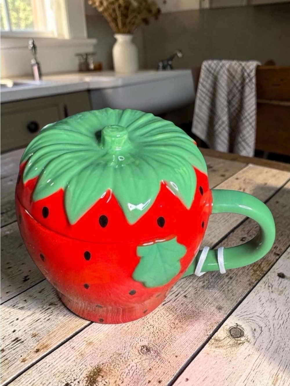 LANG Strawberry Shaped Mug with Lid Hand Painted  Strawberries 24 oz